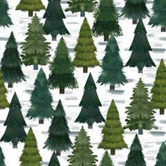 Christmas fir trees in a seamless pattern, modern hand draw design. Winter background. Can be used for printed new year materials - leaflets, posters, business cards or for web