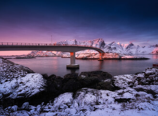 Wall Mural - view on the bridge in the hamnoy village, lofoten islands, norway. landscape in winter time during b