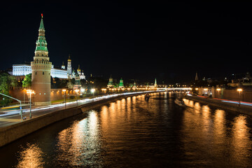 Moscow Kremlin wall, night view from Big Stone Bridge.