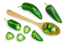 Sliced Jalapeno Pepper In Wooden Bowl Isolated On White Background. Green Chili Pepper With Clipping Path. Top View. Flat Lay