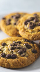 Chocolate chip cookie upclose detail with bokeh background.