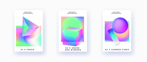Fototapete - Set of retrofuturistic posters with glowing neon shapes: prism, pyramid, cube. Synthwave and vaporwave style backgounds for notebook or book covers.
