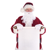 Santa Claus Holding A Scroll Of Paper In Front Of His Body. The Paper Is Blank With Room For Your Copy.