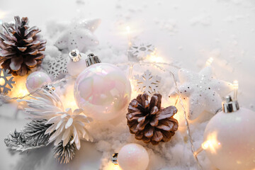 Christmas balls and snowflake on abstract background