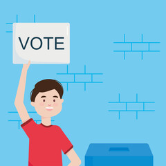 Poster - election day concept, cartoon man holding up a vote placard, colorful design