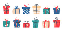 Set Of Christmas Gifts, New Year Presents, Gift Boxes With Ribbons, Vector Illustration In Flat Style