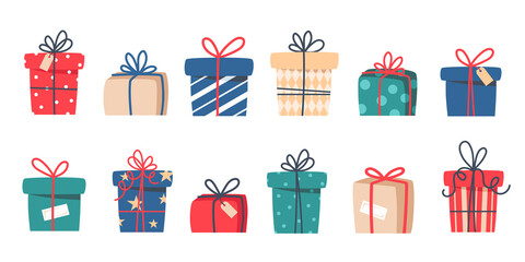 set of christmas gifts, new year presents, gift boxes with ribbons, vector illustration in flat styl