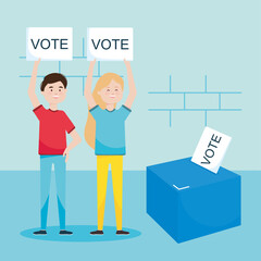 Poster - election day concept, ballot box and cartoon man and woman holding up a vote placards around, colorful design