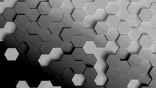 Abstract Background, Hexagons In Different Heights, Top View, Grey Scale Gradient, 3D Rendering