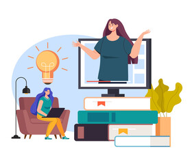 Wall Mural - online e learning internet education library tutorial concept vector flat graphic design flat illust