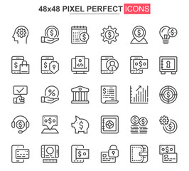 Leinwandbilder - Online banking thin line icon set. Credit card payment outline pictograms for website and mobile app GUI. Financial services simple UI, UX vector icons. 48x48 pixel perfect pictogram pack.
