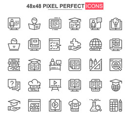 Poster - Online education thin line icon set. Distance learning outline pictograms for website and mobile app GUI. Online webinar, courses simple UI, UX vector icons. 48x48 pixel perfect pictogram pack.