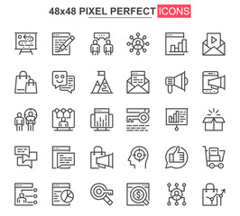 Fototapete - Digital marketing thin line icon set. Marketing research and strategy outline pictograms for web or mobile app. Business analytics simple UI, UX vector icons. 48x48 pixel perfect pictogram pack.