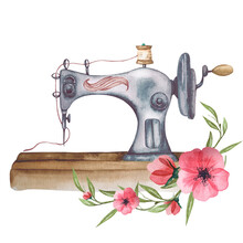 Sewing Logo. Vintage Sewing Machine With Floral Wreath.  Watercolor Illustration On White Isolated Background. Hobby. Homemade Hobby. Embroidery, Sewing. Tailor Shop Logo. 