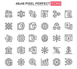 Leinwandbilder - Bitcoin mining thin line icon set. Cryptocurrency fintech outline pictograms for web and mobile app GUI. Blockchain technology simple UI, UX vector icons. 48x48 pixel perfect pictogram pack.