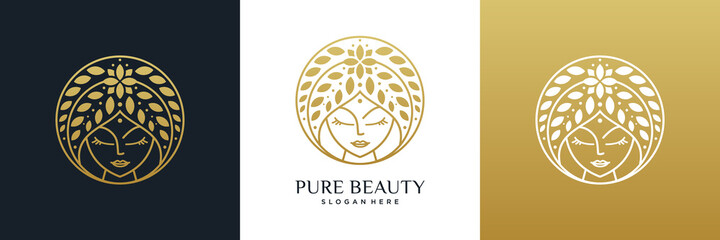 Wall Mural - Beauty women face and natural leaf logo design.