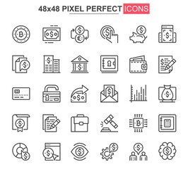Leinwandbilder - Financial items thin line icon set. Money exchange and stock trading outline pictograms for website and mobile app GUI. Economy simple UI, UX vector icons. 48x48 pixel perfect pictogram pack.