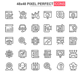 Seo optimization thin line icons set. Content analysis, online marketing and research unique design icons. Search engine optimization outline vector bundle. 48x48 pixel perfect linear pictogram pack.