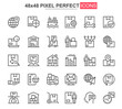 © alexdndz - Delivery thin line icons set. Global and local shipping, warehousing and transportation unique design icons. Express delivery service outline vector bundle. 48x48 pixel perfect linear pictogram pack.