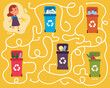 Recycling maze for kids with a solution.Labyrinth game to find way of organic waste to proper container.Eco and environment friendly eduction.Connect recycle can and garbage puzzle.Vector illustration