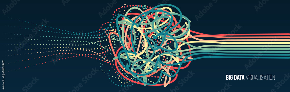 Big data visualization. Information analytics concept. Abstract stream information. Filtering machine algorithms. Sorting binary code. Vector technology background. - obrazy, fototapety, plakaty 