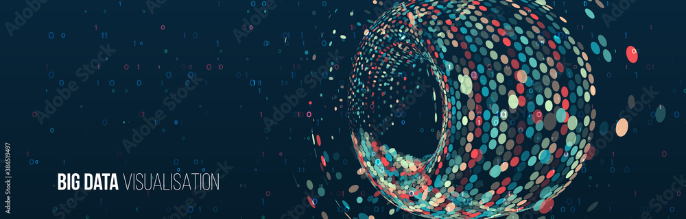 Wide Big data visualization. Machine learning algorithm for information filter and analytic. Abstract background with circle array and binary code. Data array visual concept. Big data complex. - obrazy, fototapety, plakaty 