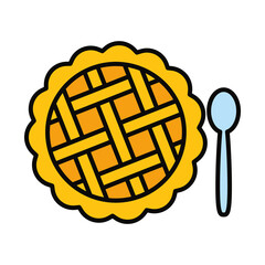 Sticker - apple pie and spoon icon, line and fill style