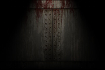 industrial dirty grey metal panel with bolts and spilled blood on top, grunge horror background with