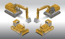 3D Isometric Construction Machinery, Bulldozer And Excavator
