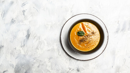 Wall Mural - Pumpkin and carrot soup with baked peppers and cheese, lime juice and ginger on grey background. Copy space. Top view