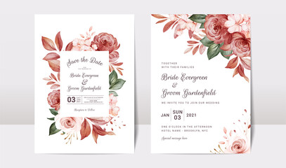 Wall Mural - Floral wedding invitation template set with gold burgundy and brown roses flowers and leaves decoration. Botanic card design concept