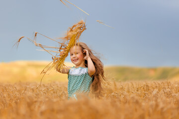 happy little girl having fun in the wheat field