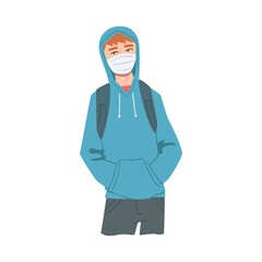 Canvas Print - Young Man in Hoodie Wearing Protective Mask, Protection from Virus Outbreak, Pandemic Prevention Concept Cartoon Style Vector Illustration