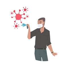 Poster - Man Wearing Protective Mask Spraying Antibacterial Liquid, Protection from Virus Outbreak, Pandemic Prevention Concept Cartoon Style Vector Illustration