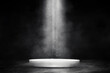 Empty space of Round white podium or pedestal in studio dark room black concrete floor grunge texture background with smoke and spotlight.