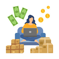 A woman packing order for shipping to customer. She earn money from selling products via online store. Making money by online business concept vector illustration. Drop ship company. Startup owner.	