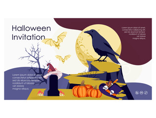 Halloween invitation banner. Happy Halloween night event party, festival template with graveyard and gravestone at moonlight cartoon vector illustration