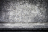 Fototapeta  - Side view of Gray plaster concrete shelf table top grunge texture background with concrete wall for product showing.