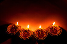Diya Or Oil Lamps Lit During Diwali Festival.Happy Diwali