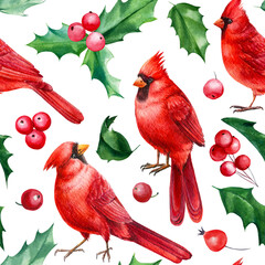 Wall Mural - Red cardinal birds, Seamless pattern, Christmas holly leaves and berries, watercolor hand drawn illustration