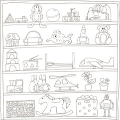 Toys on shelves. Doodle vector picture.