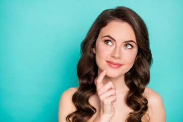 Poster - Close-up portrait of her she nice-looking attractive dreamy cheery curious wavy-haired girl fantasizing daily care solution isolated on bright vivid shine vibrant green turquoise color background