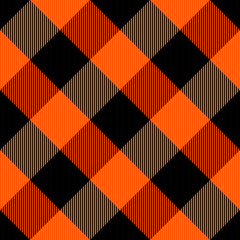 Wall Mural - Diagonal tartan Halloween plaid. Scottish pattern in orange and black cage. Scottish cage. Traditional Scottish checkered background. Seamless fabric texture. Vector illustration