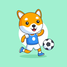 Cute Shiba Dog Run And Playing Football Animal Mascot Vector Outline Illustration. Orange Dog Play Soccer Character Cartoon Design