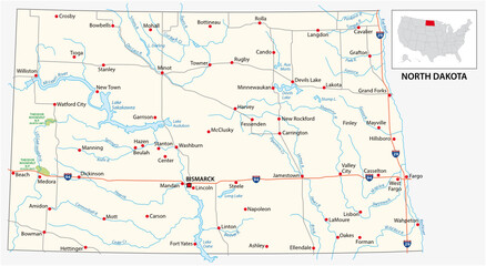  road map of the US American State of north dakota