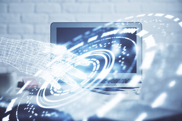 multi exposure of desktop computer and technology theme hologram. concept of software development.