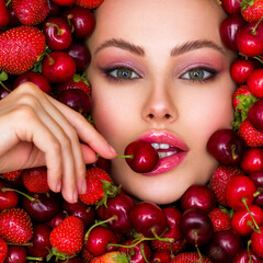 Attractive woman tasting cherry and strawberry. Beautiful woman with fashion makeup and a vivid background.