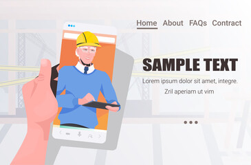 male engineer on smartphone screen discussing during video call self isolation online communication concept construction site master in helmet horizontal copy space portrait vector illustration