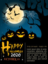 Halloween Vertical Background With Pumpkin, Haunted House And Full Moon. Flyer Or Invitation Template For Halloween Party. Vector Illustration...