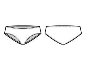 Hipsters panties underwear technical fashion illustration with low waist rise, full hips coverage. Flat briefs shorts lingerie template front, back, white color style. Women men unisex CAD mockup